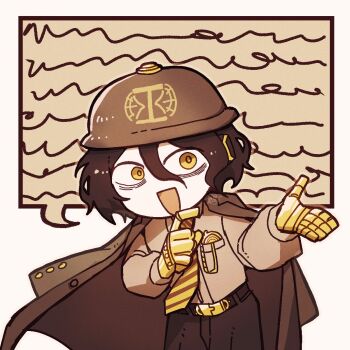 Rule 34 | 1boy, belt, black coat, black hair, black pants, coat, collared shirt, grey shirt, hair between eyes, hat, highres, herbert (project moon), limbus company, logo, necktie, pants, pocket watch, project moon, prosthesis, shirt, short hair, solo, speech bubble, striped necktie, surumenabe, watch, yellow eyes, yellow necktie