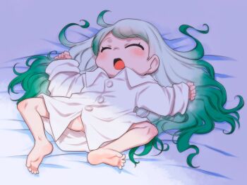1girl barefoot blush closed_eyes commentary_request copyright_request flat_chest gradient_hair green_hair highres loli long_hair long_sleeves lying multicolored_hair naked_shirt on_back open_mouth shirt sleeping soles solo teruki_kuma toes white_hair white_shirt