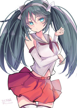 1girl absurdres blue_hair blush breasts brown_neckerchief commentary_request detached_sleeves green_eyes hair_ribbon highres hizaka isuzu_(kancolle) isuzu_kai_ni_(kancolle) kantai_collection large_breasts long_hair looking_at_viewer neckerchief one-hour_drawing_challenge pleated_skirt radar_hair_ornament red_skirt ribbon sailor_collar school_uniform serafuku signature skirt solo thighhighs twintails twitter_username white_background white_sailor_collar
