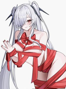 1girl blush bound bound_wrists breasts cinderella_(nikke) closed_mouth ga8s3 goddess_of_victory:_nikke hair_over_one_eye highres huge_breasts long_hair nail_polish naked_ribbon nude red_eyes red_nails red_ribbon ribbon simple_background smile solo twintails very_long_hair white_background white_hair