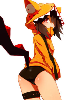 1girl absurdres animal_hood arched_back ass bikini black_bikini body_blush brown_hair clothing_cutout covered_mouth demon_tail dinosaur_hood dot_nose flat_ass hair_over_one_eye highres hood hood_up hooded_jacket hoodie jacket looking_at_viewer looking_back orange_hoodie original red_eyes ruiten simple_background single_vertical_stripe solo swimsuit tail tail_raised tail_through_clothes thigh_strap unzipped white_background