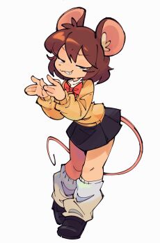 1girl absurdres animal_ears bow brown_hair chani_chantiyii demon_tail full_body highres jerry_(tom_and_jerry) loose_socks mouse_ears mouse_tail personification school_uniform short_hair skirt smile socks solo tail tom_and_jerry