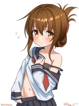 1girl anchor_symbol black_skirt blush brown_eyes brown_hair closed_mouth clothes_lift clothes_pull collarbone dated dated_commentary flying_sweatdrops inazuma_(kancolle) kantai_collection lifting_own_clothes looking_at_viewer navel neckerchief one-hour_drawing_challenge pleated_skirt pulling_own_clothes ray.s red_neckerchief school_uniform serafuku shirt_lift sidelocks signature simple_background single_bare_shoulder single_off_shoulder skirt skirt_pull solo white_background