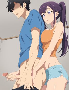 1boy 1girl absurdres black_hair blush breast_press breasts brother_and_sister dolphin_shorts handjob hetero highres incest large_breasts long_hair open_mouth orange_tank_top penis ponytail purple_eyes purple_hair reach-around rikka_(rikkaarts) shorts siblings solo_leveling sung_jin-ah sung_jin-woo sweat tank_top