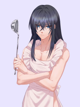 1boy androgynous apron black_hair blue_eyes chinese_commentary commentary_request crossed_arms cyacyacyacyaki frown hair_between_eyes highres holding holding_ladle ladle looking_at_viewer male_focus n_(xenoblade) naked_apron pectoral_cleavage pectorals solo standing xenoblade_chronicles_(series) xenoblade_chronicles_3