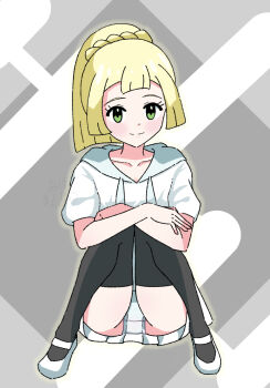 1girl agetateiageman black_thighhighs blonde_hair closed_mouth crossed_arms eyelashes full_body green_eyes grey_background knees_together_feet_apart lillie_(pokemon) loli medium_hair nintendo panties pleated_skirt pokemon pokemon_sun_and_moon shirt shoes short_sleeves sitting skirt smile solo split_mouth thighhighs underwear white_panties white_shirt white_shoes white_skirt