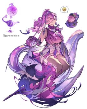 1girl bracelet closed_mouth colored_extremities commentary dori_(genshin_impact) english_commentary fingernails full_body genshin_impact grandaloe hair_ornament hair_over_one_eye high_ponytail highres instagram_logo instagram_username jewelry long_fingernails long_hair looking_at_viewer mora_(genshin_impact) oil_lamp one_eye_closed oversized_object personification pointy_ears ponytail purple_hair purple_hands purple_shirt purple_shorts purple_skirt red_eyes reference_inset role_reversal shirt shorts showgirl_skirt simple_background single_bare_shoulder single_sleeve sitting skirt smile speech_bubble tassel turtleneck turtleneck_shirt underbust white_background