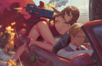 1boy 1girl ass bad_link bigrbear brown_hair car dress driving firing gun highres holding holding_gun holding_weapon legs long_hair motor_vehicle original pussy red_dress red_shoes shoes thighs uncensored weapon
