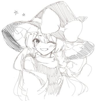 1girl blush bow braid commentary_request greyscale grin hair_bow hat hat_bow kirisame_marisa long_hair long_sleeves looking_at_viewer monochrome one_eye_closed ringo33757 side_braid single_braid sketch smile solo touhou upper_body vest witch_hat