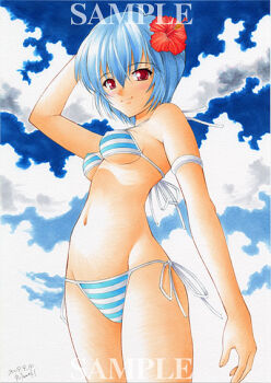 1girl ayanami_rei bare_shoulders bikini blue_bikini blue_hair blush breasts collarbone day hair_ornament hip_bones looking_at_viewer marker_(medium) medium_breasts navel neon_genesis_evangelion nightmare77zx red_eyes short_hair side-tie_bikini_bottom smile solo striped_bikini striped_clothes swimsuit traditional_media