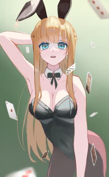 Rule 34 | 1girl, absurdres, arm up, blonde hair, blue eyes, braid, breasts, card, cleavage, commentary request, heaven burns red, highres, long hair, looking at viewer, navel, playboy bunny, playing card, rabbit, toujou tsukasa, windxypo