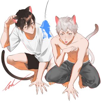 2boys absurdres alternate_costume animal_ears black_hair black_shorts cat_boy cat_ears cat_tail commentary eohme fingernails fish fishing_line full_body grey_eyes grey_pants highres hikaru_ga_shinda_natsu indou_hikaru invisible_floor looking_at_viewer male_focus male_underwear male_underwear_peek mole mole_on_cheek mole_under_eye mole_under_mouth multiple_boys multiple_moles one_eye_closed pants red_eyes sharp_fingernails shirt short_eyebrows short_hair shorts signature simple_background slit_pupils squatting tail tiptoes toenails tongue tongue_out topless_male tsujinaka_yoshiki underwear white_background white_hair white_shirt