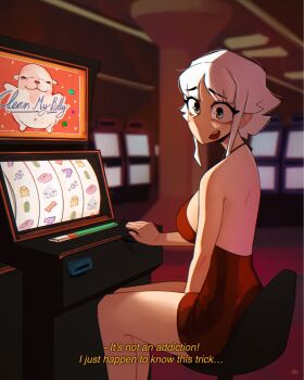 1girl backless_dress backless_outfit blurry blurry_background breasts casino commentary dress english_commentary english_text gambling grawlix_(shibansfw) grey_eyes grey_hair highres large_breasts looking_at_viewer open_mouth original parted_bangs raised_inner_eyebrows red_dress shibansfw short_hair sidelocks sitting slot_machine smile solo talking