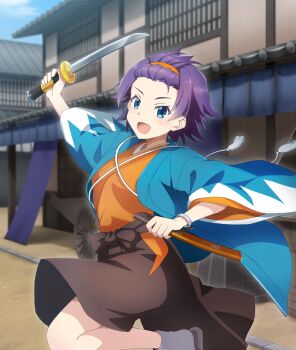 Rule 34 | 1girl, :d, architecture, bangs pinned back, blue eyes, blue haori, blue sky, brown hakama, brown sandals, building, cowboy shot, day, dot nose, east asian architecture, fang, from side, game cg, hairband, hakama, hand up, haori, holding, holding sheath, holding sword, holding weapon, japanese clothes, kimono, knee up, looking at viewer, maruyama akane (toji no miko), official art, open mouth, orange hairband, orange kimono, outdoors, purple hair, rickshaw, sandals, sheath, shinsengumi, short hair, short sword, sky, smile, socks, solo, standing, standing on one leg, sword, third-party source, toji no miko, toji no miko: kizamishi issen no tomoshibi, town, weapon, white socks