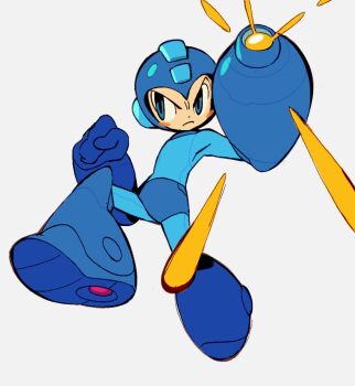 1boy arm_cannon blue_bodysuit blue_boots blue_eyes blue_gloves blush_stickers bodysuit boots clenched_hand closed_mouth dot_nose full_body gloves helmet highres humanoid_robot male_focus mega_man_(character) mega_man_(classic) mega_man_(series) robot simple_background solo tuckeryart v-shaped_eyebrows weapon white_background