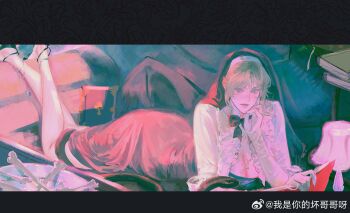 1girl bad_source black_bow black_bowtie blonde_hair book bow bowtie breasts char_aznable cleavage couch cross cross_necklace desk_lamp dress frills genderswap genderswap_(mtf) gundam high_heels highres holding indoors jewelry lamp letterboxed long_sleeves looking_at_viewer lying necklace nun on_couch on_stomach open_book pulppunk001 reading shirt short_hair snake solo tentacles the_pose watermark weibo_username weibo_watermark white_shirt zeta_gundam