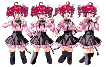Rule 34 | 1girl, ahoge, black skirt, blush, commentary request, drill hair, frills, hair between eyes, hair ornament, heroine re quest, highres, jirai kei, kasane teto, korean commentary, long sleeves, looking at viewer, open mouth, pc-98 (style), pink shirt, red eyes, red hair, samsap, shirt, simple background, skirt, smile, solo, twin drills, utau, white background