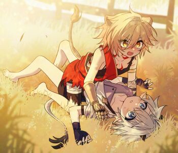 2boys animal_ears antenna_hair black_tank_top blonde_hair blue_eyes blush boy_on_top braid chest_tattoo facial_tattoo gocheogja37862 gradient_hair hadanugi_dousa honkai:_star_rail honkai_(series) horns lion_boy lion_ears lion_tail lying male_focus medium_hair multicolored_hair multiple_boys mydei_(a_trail_of_bygone_blood)_(honkai:_star_rail) mydei_(honkai:_star_rail) official_alternate_costume on_back open_kimono parted_bangs phainon_(a_dream_scented_in_wheat)_(honkai:_star_rail) phainon_(honkai:_star_rail) red_hair red_tattoo sheep_boy sheep_ears sheep_horns sheep_tail short_hair side_braid tail tank_top tattoo white_hair yaoi yellow_eyes