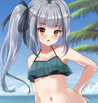 1girl beach bikini blue_sky blush breasts brown_eyes cloud day frilled_bikini frills green_bikini grey_hair hair_ribbon horizon kantai_collection kasumi_(kancolle) kasumi_kai_ni_(kancolle) kasumi_kai_ni_(swimsuit)_(kancolle) kitagawa_mikio long_hair looking_at_viewer navel ocean outdoors palm_tree ribbon side_ponytail sky swimsuit tree upper_body water