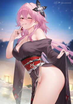 1girl :q alternate_costume bare_shoulders black_flower black_kimono black_nails blush breasts cleavage closed_mouth commentary_request cowboy_shot evernight_(honkai:_star_rail) fingernails flower from_side hair_between_eyes hair_flower hair_ornament hairclip highres honkai:_star_rail honkai_(series) index_finger_raised japanese_clothes kimono large_breasts long_hair looking_at_viewer looking_to_the_side march_7th_(honkai:_star_rail) nail_polish night night_sky no_panties obi off_shoulder one_eye_closed onsen outdoors paid_reward_available parallel_hairclips pink_hair red_eyes sash shrimp_cake sky smile solo thighs tongue tongue_out variant_set