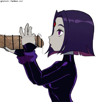 1boy 1girl absurdres bar_censor breasts censored dark-skinned_male dark_skin dc_comics expressionless eyebrows eyelashes fanbox_username forehead_jewel from_side gnsisir handjob hetero highres interracial leotard loli long_sleeves looking_at_another medium_hair open_mouth pale_skin petite precum purple_eyes purple_hair purple_leotard raven_(dc) simple_background sleeves_past_wrists small_breasts solo_focus teen_titans two-handed_handjob upper_body white_background