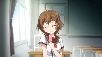 10s 1girl 2011 animated animated_gif anime_screenshot black_board bow brown_hair cellphone classroom closed_eyes denpa_onna_to_seishun_otoko desk fang female_focus flip_phone maroon_eyes mifune_ryuuko music open_mouth phone red_bow sailor_collar sailor_shirt school_desk school_uniform serafuku shirt short_hair singing solo tagme