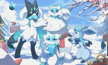 absurdres alternate_color alternate_shiny_pokemon berry_(pokemon) black_fur blue_eyes blue_fur blue_scarf blue_sky blush bright_pupils carrot christmas_ornaments christmas_tree clothed_pokemon cloud day fletchling flong floragato food gen_4_pokemon gen_6_pokemon glaceon highres kricketune mask meowscarada multicolored_fur nintendo open_mouth outdoors picnic_basket pokemon pokemon_(creature) red_scarf scarf signpost sitting sky snow snow_on_tree snowman sprigatito standing tamato_berry tree white_fur white_pupils