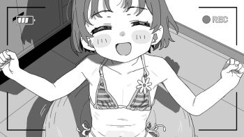 1girl :d ball barbarian_tk battery_indicator bikini closed_eyes exercise_ball flat_chest greyscale loli monochrome open_mouth original parted_lips recording short_hair smile solo string_bikini striped_bikini striped_clothes swimsuit viewfinder