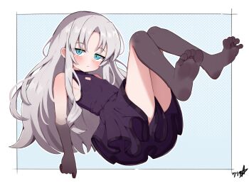 .hack//z.e.r.o. 1girl aura_(.hack//) barefoot black_dress blue_background blue_eyes blush boppin border closed_mouth commentary commission dress english_commentary feet foot_focus full_body grey_hair highres legs long_hair looking_at_viewer pixiv_commission purple_dress sleeveless sleeveless_dress soles solo toes