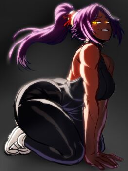 1girl bare_shoulders bleach breasts dark-skinned_female dark_skin female_focus grey_background hair_ornament kwalker1009 large_breasts long_hair pants parted_bangs ponytail purple_hair shihouin_yoruichi shoes simple_background teeth thighs yellow_eyes