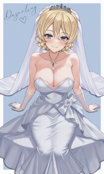 1girl aadka5 bare_shoulders blonde_hair blue_eyes blush bow braid breasts bridal_veil character_name cleavage collarbone commentary darjeeling_(girls_und_panzer) dress english_commentary flower girls_und_panzer gloves hair_between_eyes highres jewelry large_breasts long_dress looking_at_viewer necklace rose sitting smile solo strapless strapless_dress tiara veil wedding_dress white_bow white_dress white_flower white_gloves white_rose