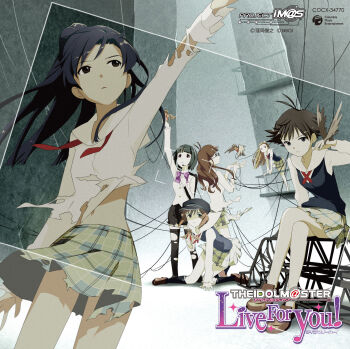 Rule 34 | 6+girls, akizuki ritsuko, album cover, annindoufu (oicon), antenna hair, arm up, bird, black hair, black hat, black vest, bow, bowtie, brown eyes, brown hair, brown shoes, closed mouth, copyright notice, cover, crossed legs, floating hair, green hair, hagiwara yukiho, hat, headset, highres, idolmaster, idolmaster (classic), idolmaster live for you!, kikuchi makoto, kisaragi chihaya, long hair, long sleeves, looking at viewer, minase iori, multiple girls, navel, official art, otonashi kotori, plaid clothes, plaid skirt, ponytail, purple bow, purple bowtie, shirt, shoes, short hair, sitting, skirt, standing, third-party source, torn clothes, torn shirt, torn skirt, vest, viewfinder, white shirt