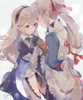1boy 1girl bezoi_r black_hairband couple female_corrin_(fire_emblem) fire_emblem fire_emblem_fates grey_hair hair_ribbon hairband hetero japanese_clothes long_hair nintendo ponytail red_eyes red_ribbon ribbon takumi_(fire_emblem)