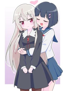 2girls amano_akari black_hair black_pantyhose blue_sailor_collar blue_skirt blush closed_eyes closed_mouth dot_nose feet_out_of_frame female_focus from_behind frown grey_hair hair_between_eyes hair_ornament hairclip highres hug hug_from_behind ksrg25 long_hair long_sleeves looking_at_viewer multiple_girls pantyhose ribbon sailor_collar school_uniform shirt short_hair simple_background skirt sophie_twilight standing tonari_no_kyuuketsuki-san white_shirt