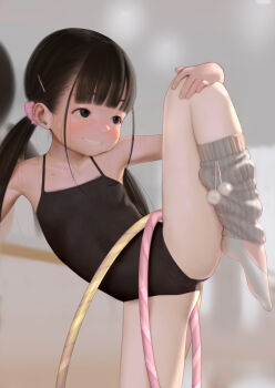 1girl ass bad_id bad_pixiv_id ballerina black_hair blush female_focus flat_chest gymnast hair_ornament hairclip hideousbeing hoop leg_lift leg_warmers leotard loli model mole mole_under_eye original pantyhose sexually_suggestive smile solo thighs twintails white_pantyhose