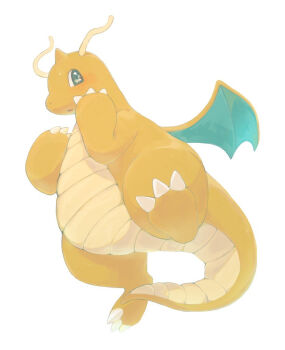 Rule 34 | animal focus, aqua eyes, bad id, bad pixiv id, blush, butter (oshi8kyoumoh), claws, dragon, dragonite, full body, gen 1 pokemon, hand on own cheek, hand on own face, hands up, light blush, looking at viewer, nintendo, no humans, open mouth, pokemon, pokemon (creature), simple background, solo, white background