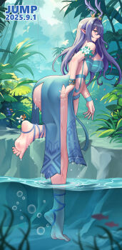 1girl absurdres barefoot blue_eyes bubble feet fish genshin_impact highres huahuaren_jump lauma_(genshin_impact) long_hair looking_at_viewer parted_lips pointy_ears purple_hair soles toes water wet