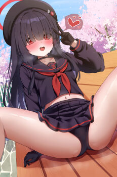 1girl absurdres aoto_mei arm_support bench beret black_choker black_gloves black_hair black_hat black_panties black_sailor_collar black_serafuku black_shirt black_skirt blue_archive blue_sky blush breath cherry_blossoms choker commentary_request cropped_shirt day falling_petals gloves hair_intakes hair_over_eyes halo hat heart highres justice_task_force_member_(blue_archive) loli long_hair long_sleeves looking_at_viewer midriff miniskirt navel neckerchief on_bench open_mouth outdoors panties park_bench petals pink_petals pleated_skirt red_eyes red_halo red_neckerchief sailor_collar school_uniform serafuku shirt skirt sky smile solo spoken_heart spread_legs steaming_body sweat thighs underwear v
