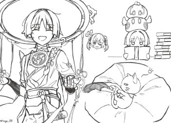 1boy 1girl armor blunt_ends book book_stack closed_eyes disembodied_head eyepatch facing_viewer fischl_(genshin_impact) furisode genshin_impact greyscale hage_80 hair_over_one_eye hands_up hat highres holding holding_book japanese_armor japanese_clothes jewelry jingasa jitome juban kimono kote licking licking_finger long_hair mitsudomoe_(shape) monochrome multiple_views neck_ring notice_lines o-ring open_clothes open_hands open_kimono open_mouth pillow reading rope sash scaramouche_(cat)_(genshin_impact) scaramouche_(genshin_impact) shimenawa shorts sidelocks single_sode slime_(genshin_impact) sweatdrop tassel tomoe_(symbol) twintails twitter_username veil wanderer_(genshin_impact) white_background wispy_bangs