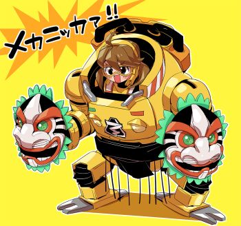 Rule 34 | 1girl, ahoge, armor, arms (game), brown hair, character name, commentary request, fighting stance, full body, goggles, guardian (arms), headphones, mechanica (arms), mechanical arms, medium hair, open mouth, power armor, simple background, solo, sumo, suno (imydream), yellow background