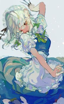 1girl apron blue_dress bow bowtie braid closed_mouth collared_shirt commentary_request cowboy_shot dress expressionless frilled_apron frills green_bow green_bowtie grey_background grey_hair hair_bow head_tilt highres holding holding_knife izayoi_sakuya knife looking_down maid maid_headdress medium_hair pinafore_dress puffy_short_sleeves puffy_sleeves red_eyes shinjitsu_no_kuchi shirt short_sleeves sleeveless sleeveless_dress solo touhou twin_braids waist_apron white_apron white_shirt