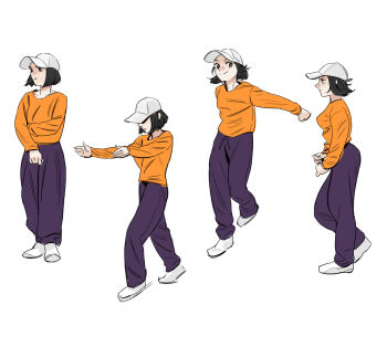 1girl arms_out baseball_cap black_eyes black_hair black_legwear bob_cut dancing drawstring hat highres joongchel_kim looking_to_the_side multiple_views orange_shirt original pants profile shirt short_hair simple_background underwear white_background white_footwear white_headwear