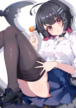 1girl absurdres ahoge black_hair black_shoes blue_skirt blush brown_pantyhose candy clothes_pull collar colored_inner_hair commentary_request ellen_joe ellen_joe_(on_campus) fins fish_tail food highres holding holding_candy holding_food holding_lollipop loafers lollipop looking_at_viewer multicolored_hair ntmy4332 official_alternate_costume open_mouth pantyhose pantyhose_pull pink_nails razor_blade_hair_ornament red_eyes scar scar_on_tail school_uniform shadow shark_girl shark_tail shirt shoes short_hair simple_background skirt solo tail white_background white_shirt zenless_zone_zero