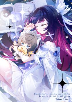 1girl bare_shoulders black_hair blue_eyes book character_doll closed_eyes closed_mouth columbina_(genshin_impact) commentary_request doll dress fingernails flower genshin_impact hair_ornament highres holding holding_doll hoshiusagi_no_chloe long_hair lying multicolored_hair on_side open_book purple_hair sandrone_(genshin_impact) signature solo very_long_hair white_dress white_flower wing_hair_ornament