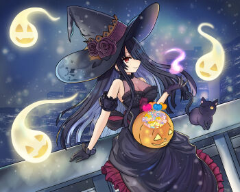 1girl absurdres alternate_costume black_cat black_dress black_gloves black_hair breasts candy candy_wrapper cat date_a_live dress food ghost gloves halloween halloween_bucket hat highres long_hair medium_breasts outdoors red_eyes smile tokisaki_kurumi witch witch_hat xdlloyd091x