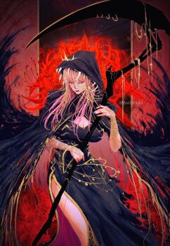 absurdres baloolax black_dress breasts cloak death_(tarot) dress highres hololive hololive_english hood hooded_cloak jewelry medium_breasts mori_calliope pink_hair tarot virtual_youtuber weapon