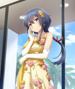 1girl arm_under_breasts bare_shoulders blue_eyes blue_hair blue_sky breasts ceiling_light closed_mouth cloud cowboy_shot day dot_nose dress dress_flower earrings elbow_gloves flower formal_clothes game_cg gloves hair_flower hair_ornament hair_ribbon hand_on_own_cheek hand_on_own_face head_tilt indoors jewelry large_breasts long_hair looking_at_viewer low_ponytail mole mole_under_eye necklace official_art orange_flower orange_rose palm_tree pink_flower pink_rose ponytail red_ribbon ribbon rose setouchi_chie sky sleeveless sleeveless_dress smile solo striped_ribbon third-party_source toji_no_miko toji_no_miko:_kizamishi_issen_no_tomoshibi tree white_gloves yellow_dress