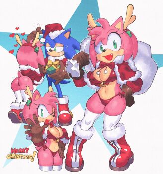 1boy 1girl amy_rose animal_ears antlers ass bikini boots box breasts brown_gloves capelet fang fur_trim furry gift gift_box gloves green_eyes hairband hat highres holding holding_sack hood hooded_capelet horns inkerton-kun multiple_views one_eye_closed open_mouth pink_fur red_bikini red_hairband reindeer_antlers sack santa_hat sonic_(series) sonic_the_hedgehog sweatdrop swimsuit