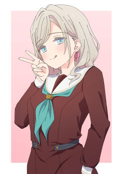 1girl :q absurdres aqua_neckerchief blue_eyes blush border breasts brown_dress ceras_yanagida_lilienfeld commentary_request cowboy_shot dress grey_hair hair_ribbon hasu_no_sora_school_uniform highres kara_iroha link!_like!_love_live! long_hair long_sleeves looking_at_viewer love_live! medium_breasts neckerchief outside_border pink_background pink_ribbon pleated_dress ribbon sailor_collar sailor_dress school_uniform simple_background solo tongue tongue_out v virtual_youtuber white_border white_sailor_collar winter_uniform