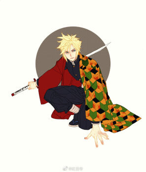 1boy black_pants blonde_hair blue_eyes chinese_commentary cloud_strife commentary_request cosplay elna final_fantasy holding holding_sword holding_weapon kimetsu_no_yaiba pants short_hair simple_background solo sword tomioka_giyuu voice_actor_connection weapon